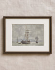 Vintage Seascape Print | Grey Ships in Bay