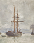Vintage Seascape Print | Grey Ships in Bay