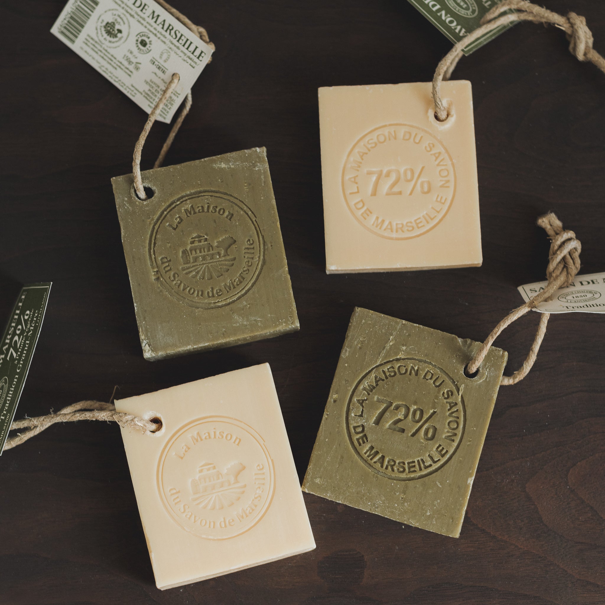 Savon de Marseille Soap - Olive Oil Slice on Rope can be used on face and body in the shower or bath.  