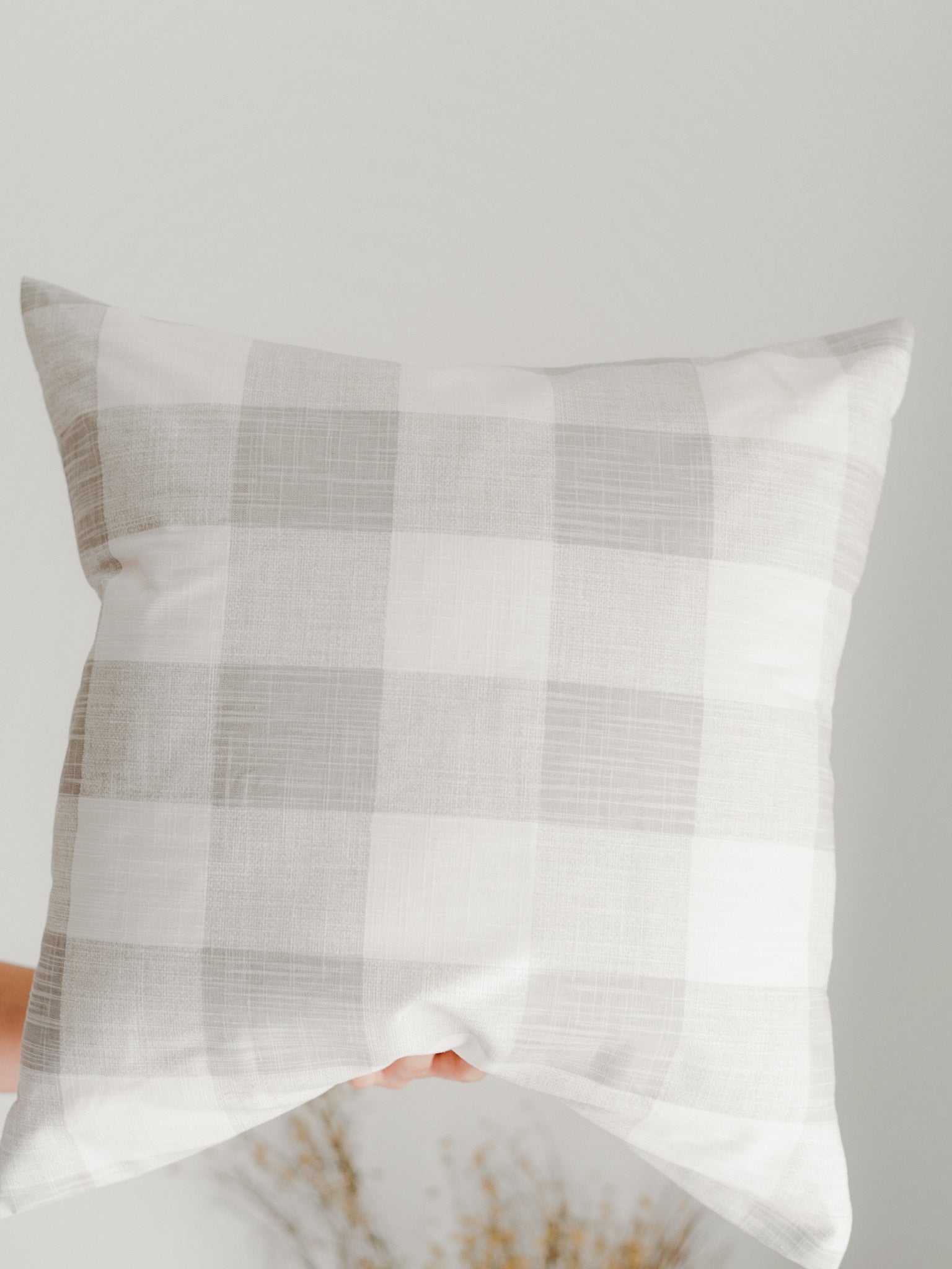 Buffalo check cushion cover is a light charcoal colour against a soft white and lighter grey. Farmhouse cushion. Check cushion cover. Farmhouse pillow. Buffalo check pillow. Accent pillow.