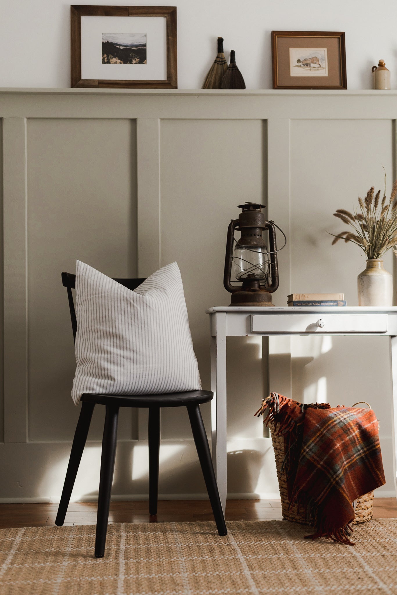 Ticking stripe cushion cover in a light charcoal colour against a soft white. Farmhouse Cushion Cover. Farmhouse pillow. Accent pillow. ticking stripe pillow. 